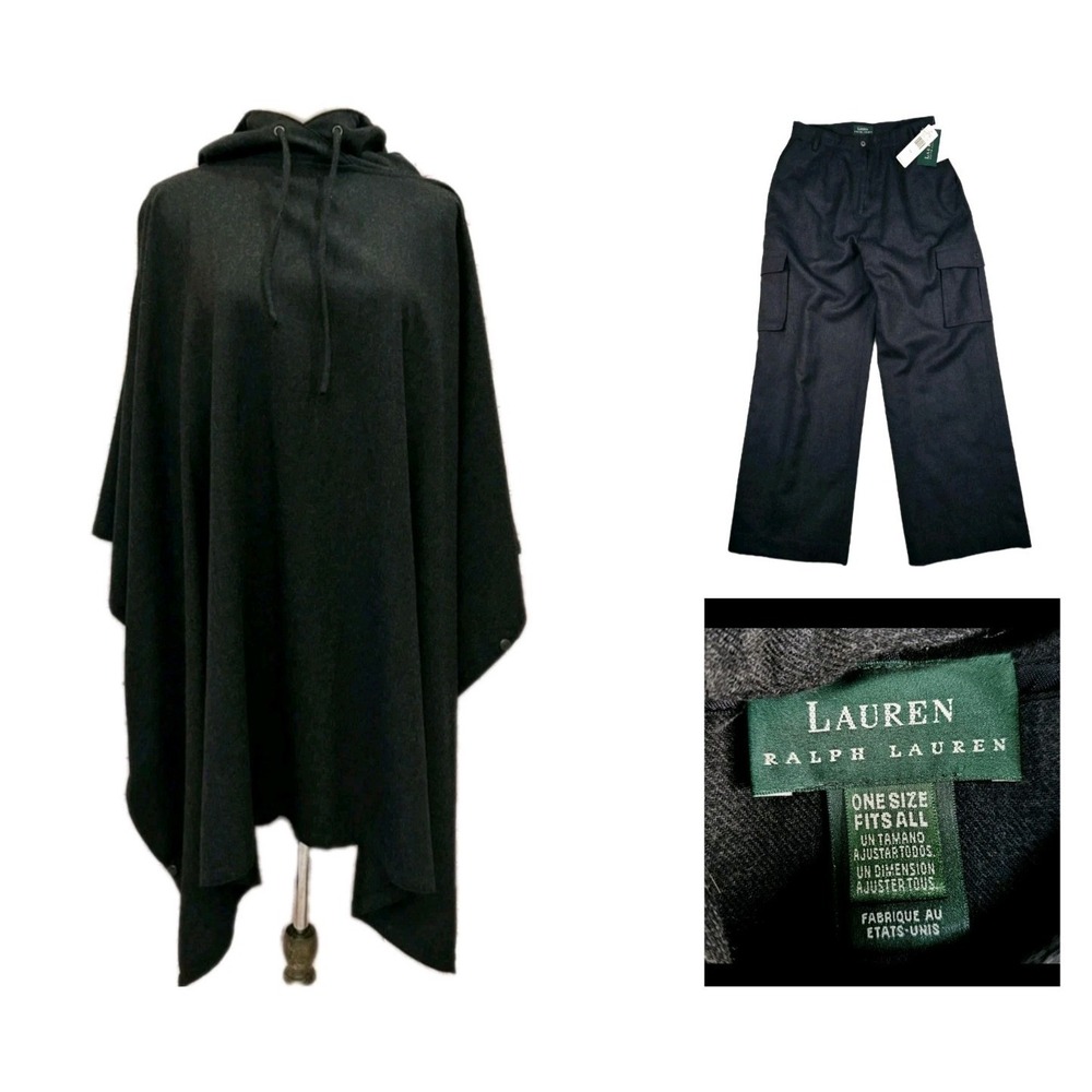 Ralph Lauren LRL Wool Suit Cargo Pant 14 30x32 Cape Poncho Hood Flannel Wide Leg